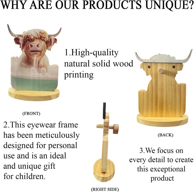 HyeeArt Wooden Animal Glasses Holder , Newsukie - Cute Solid Pine Wood Eyeglasses Stand,Carving Sunglasses Eyeglass Display Stand,Newsukie Creative Gift Glasses Holder for Desk (Flowers Highland Cow) (Bathroom Highland Cow) - Image 4
